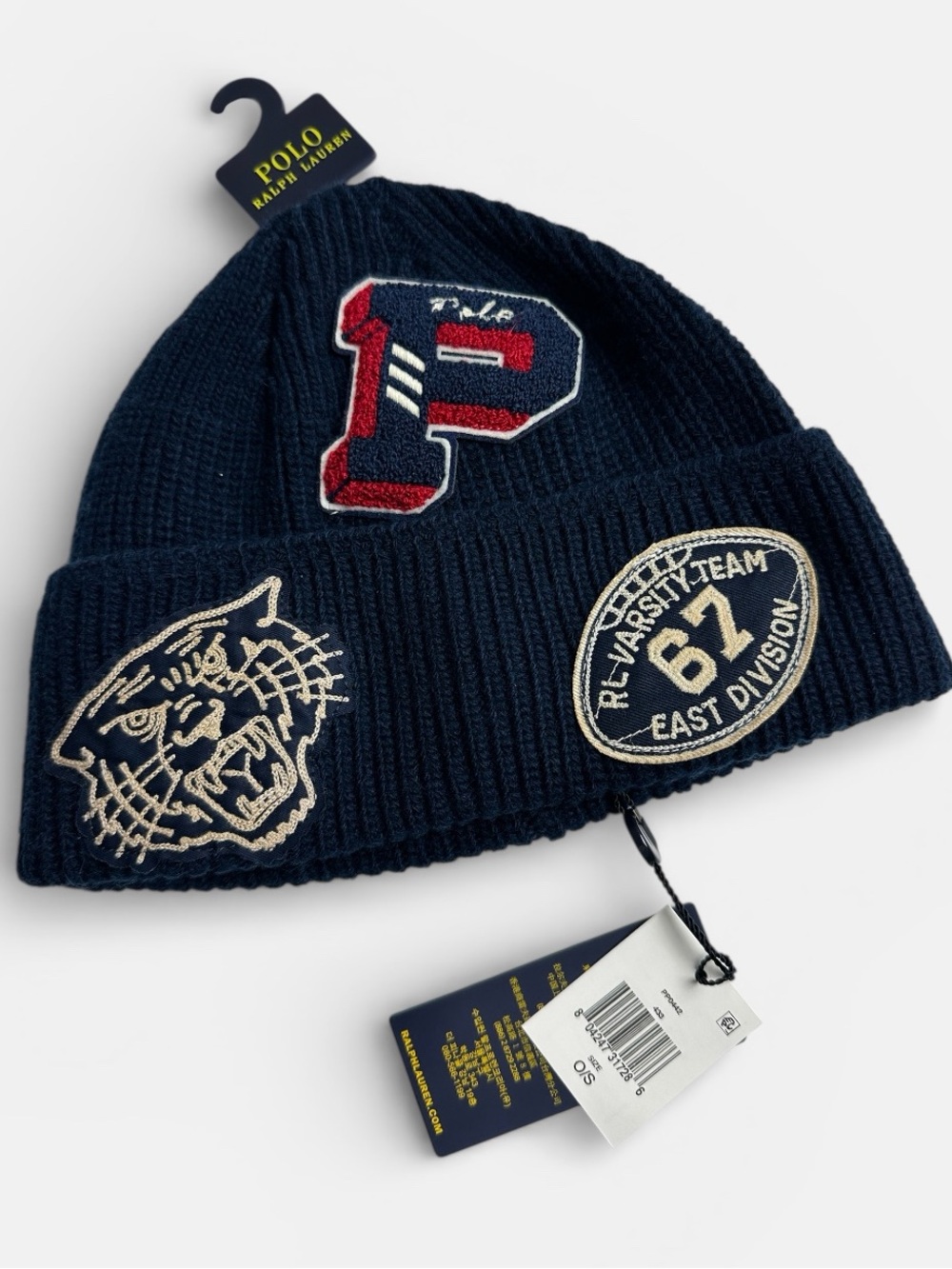 Polo Ralph Lauren Navy Blue Tiger Big P Football Patch Knit Beanie Hat NWT Wool